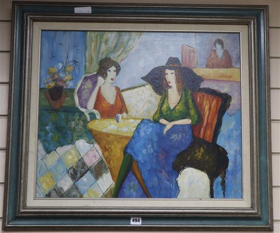 After Itzchak Tarkay, oil on canvas, Ladies taking refreshments, 50 x 60cm